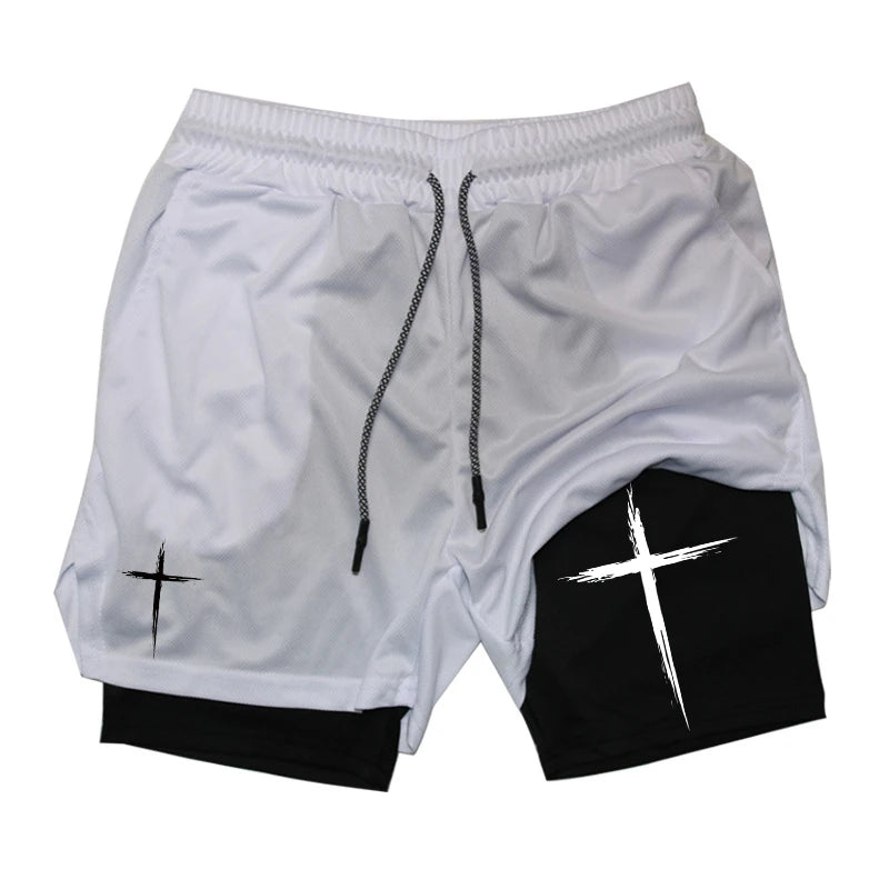 Cross Print 2 in 1 Performance Shorts für Herren Gym Workout Laufshorts mit Handytasche Handtuchschlaufe Sportliche Freizeitkleidung