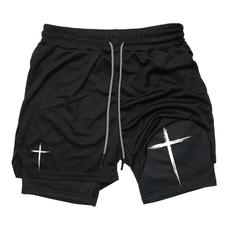 Cross Print 2 in 1 Performance Shorts für Herren Gym Workout Laufshorts mit Handytasche Handtuchschlaufe Sportliche Freizeitkleidung
