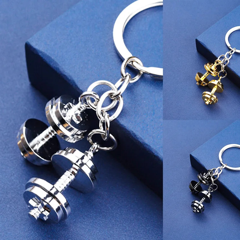 Neuer Mini Metall Hantelschlüsselanhänger für Männer Doppel-Hanteln Fitnessstudio Mobile Rucksack Hängende Accessoires Schlüsselanhänger Partygeschenk