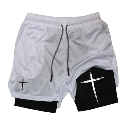 Cross Print 2 in 1 Performance Shorts für Herren Gym Workout Laufshorts mit Handytasche Handtuchschlaufe Sportliche Freizeitkleidung