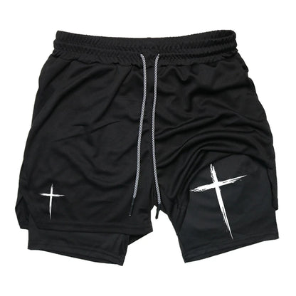 Cross Print 2 in 1 Performance Shorts für Herren Gym Workout Laufshorts mit Handytasche Handtuchschlaufe Sportliche Freizeitkleidung