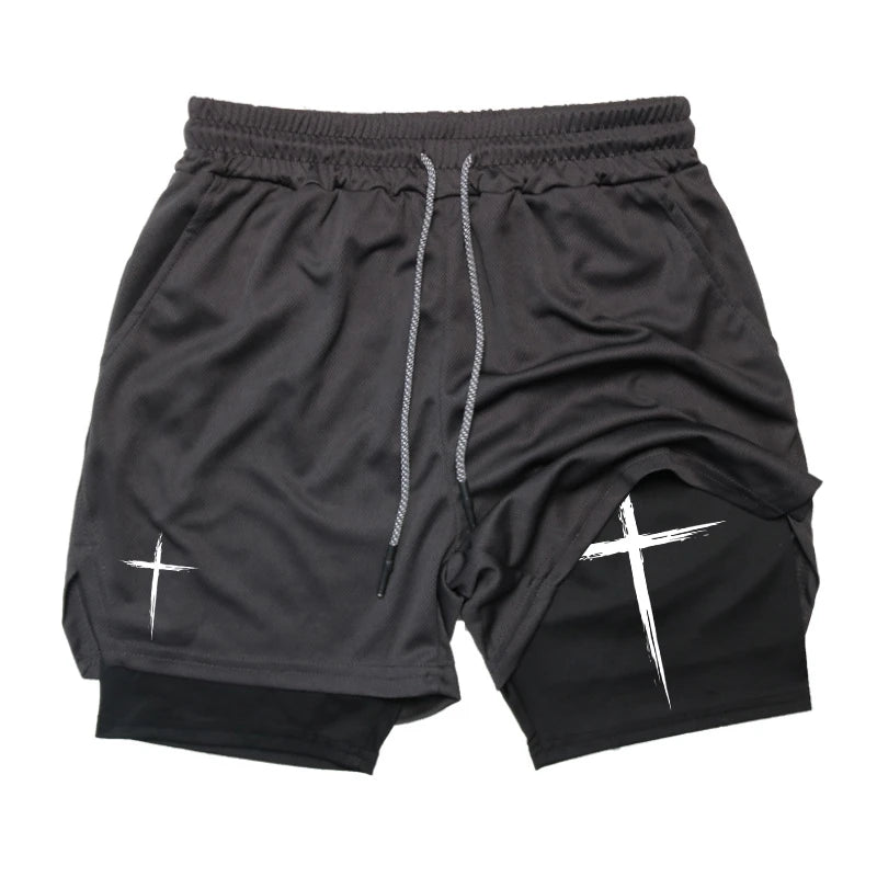 Cross Print 2 in 1 Performance Shorts für Herren Gym Workout Laufshorts mit Handytasche Handtuchschlaufe Sportliche Freizeitkleidung