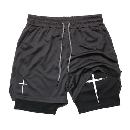 Cross Print 2 in 1 Performance Shorts für Herren Gym Workout Laufshorts mit Handytasche Handtuchschlaufe Sportliche Freizeitkleidung