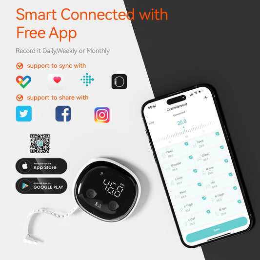 Fitdays Smart Körpermaßband, zurückziehbares Bluetooth Fitdays APP zur Überwachung von Körperfett BMI Werkzeug für Fitness, Form und Gewichtsverlust