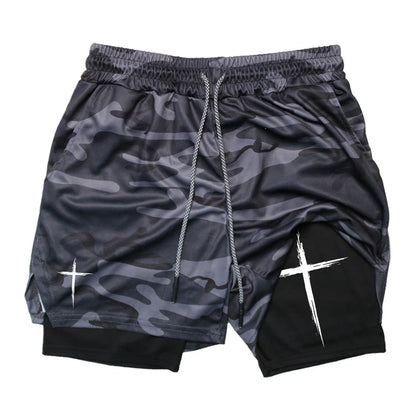 Cross Print 2 in 1 Performance Shorts für Herren Gym Workout Laufshorts mit Handytasche Handtuchschlaufe Sportliche Freizeitkleidung