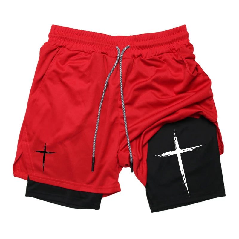Cross Print 2 in 1 Performance Shorts für Herren Gym Workout Laufshorts mit Handytasche Handtuchschlaufe Sportliche Freizeitkleidung