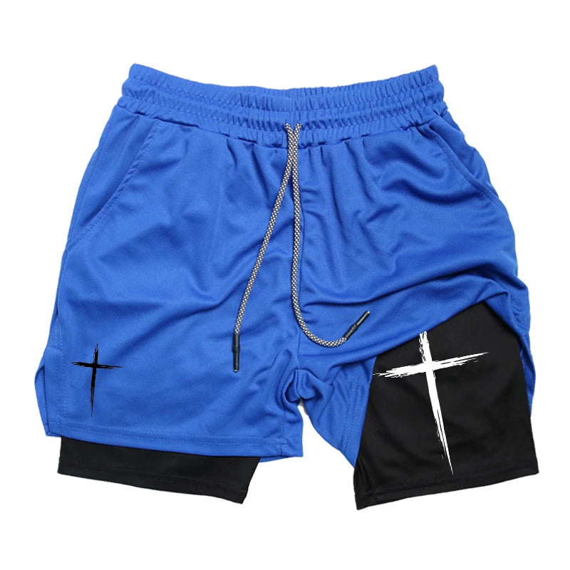 Cross Print 2 in 1 Performance Shorts für Herren Gym Workout Laufshorts mit Handytasche Handtuchschlaufe Sportliche Freizeitkleidung