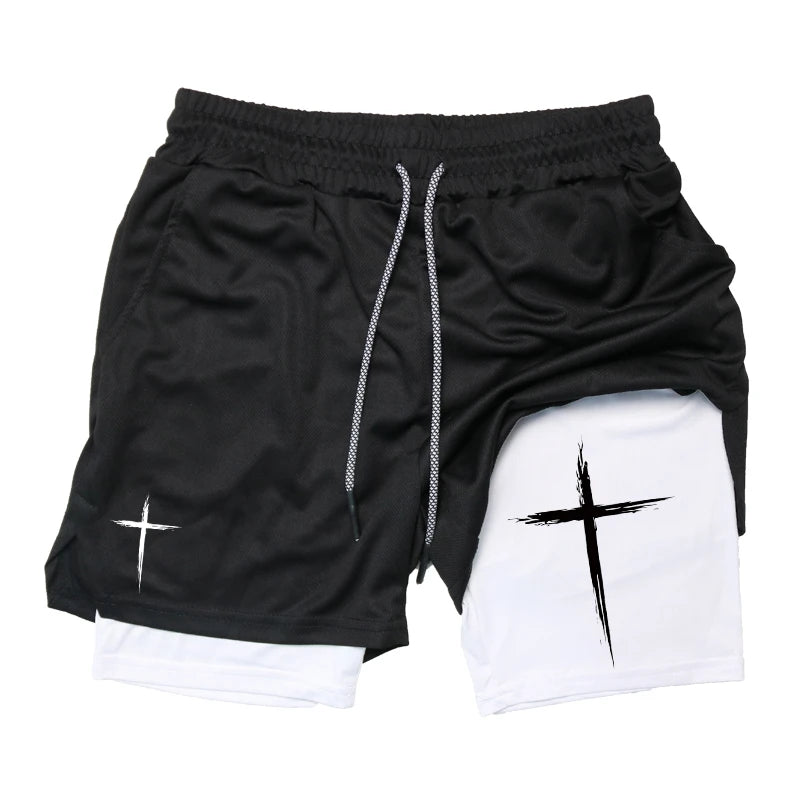 Cross Print 2 in 1 Performance Shorts für Herren Gym Workout Laufshorts mit Handytasche Handtuchschlaufe Sportliche Freizeitkleidung
