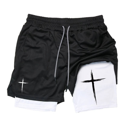 Cross Print 2 in 1 Performance Shorts für Herren Gym Workout Laufshorts mit Handytasche Handtuchschlaufe Sportliche Freizeitkleidung