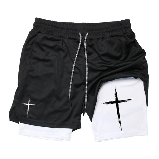 Cross Print 2 in 1 Performance Shorts für Herren Gym Workout Laufshorts mit Handytasche Handtuchschlaufe Sportliche Freizeitkleidung