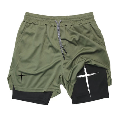 Cross Print 2 in 1 Performance Shorts für Herren Gym Workout Laufshorts mit Handytasche Handtuchschlaufe Sportliche Freizeitkleidung