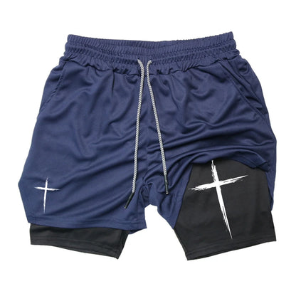 Cross Print 2 in 1 Performance Shorts für Herren Gym Workout Laufshorts mit Handytasche Handtuchschlaufe Sportliche Freizeitkleidung
